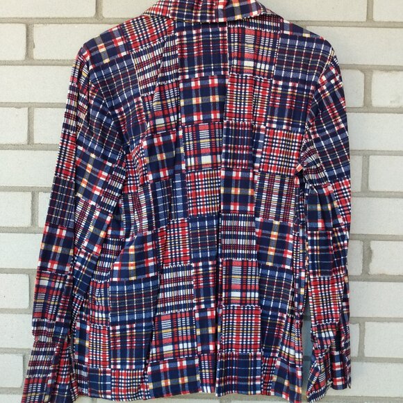 Vintage 60s 70s Plaid Patchwork Shirt 43"B Butterfly Collar Moonglow Buttons - Picture 9 of 12